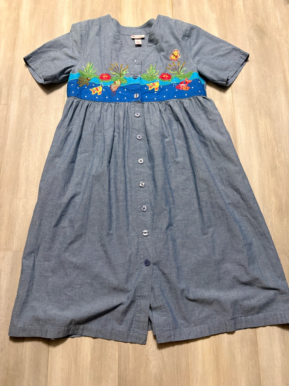 Blue Embroidered Button-Front Women’s Dress